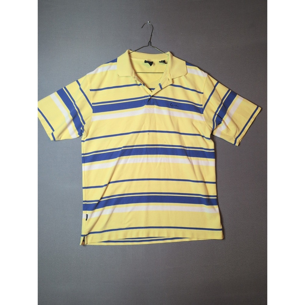 Kani Gold Polo Shirt Mens Large Yellow Blue Striped Short Sleeve Knit Logo
